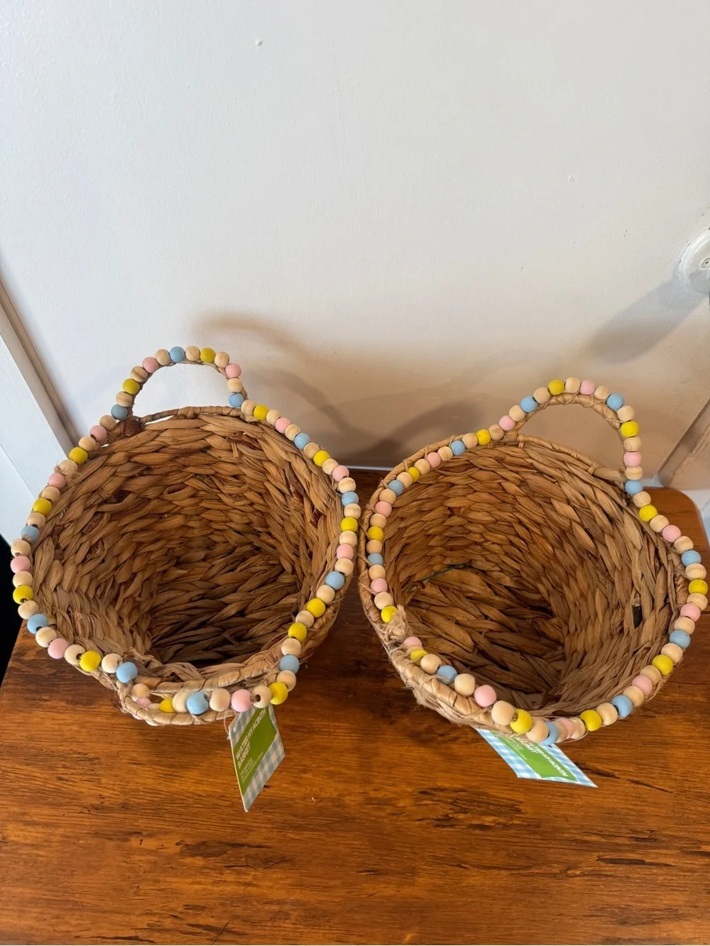 Woven Seagrass Basket Pair with Pastel Bead Trim